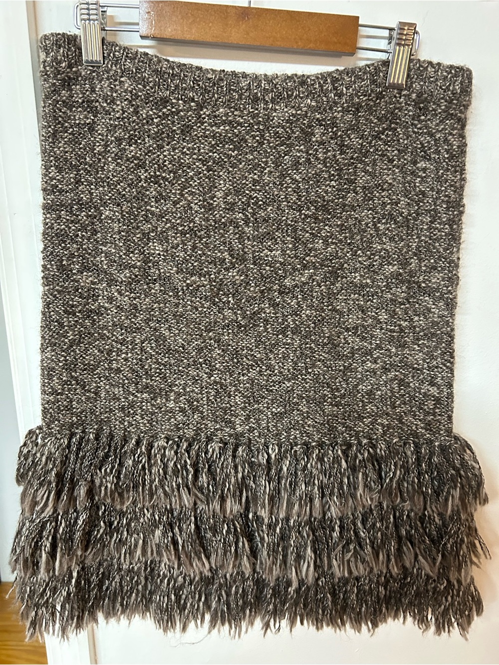 Sparrow Brown Tweed Fringe-Hem Knit Pencil Skirt